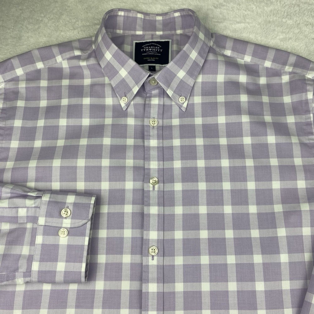 Charles Tyrwhitt Shirt Mens Large Lavender/White Checks Extra Slim Fit No Iron